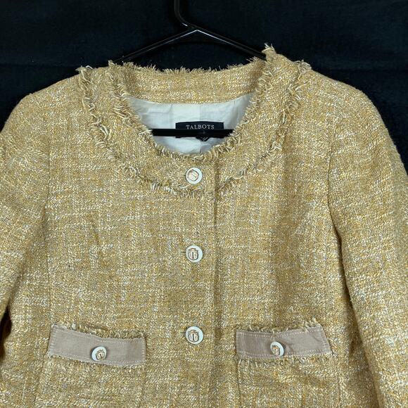 Talbots Womens Jacket Gold Tweed Classic Jackie O Blazer Lined Cotton Blend 6P - Picture 2 of 12